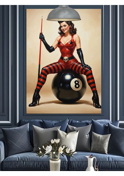 Bilardocu Kadın Pin-Up Biker Kırmızı Dekoratif Kanvas - Mdf Ahşap Tablo indirimleri