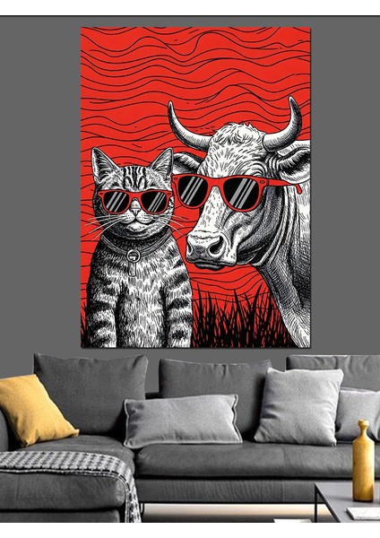 Kızgın Boğa ve Kedi Kırmızı Sanat Dekoratif Kanvas - Mdf Ahşap Tablo