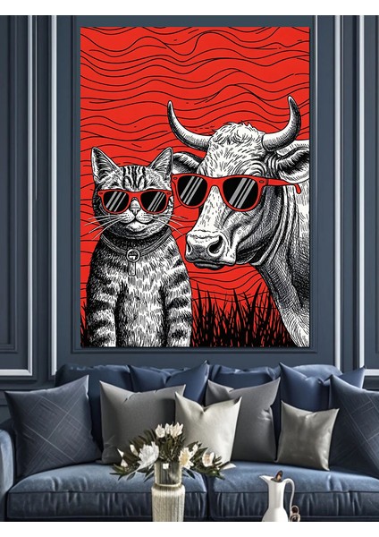 Kızgın Boğa ve Kedi Kırmızı Sanat Dekoratif Kanvas - Mdf Ahşap Tablo fiyatları