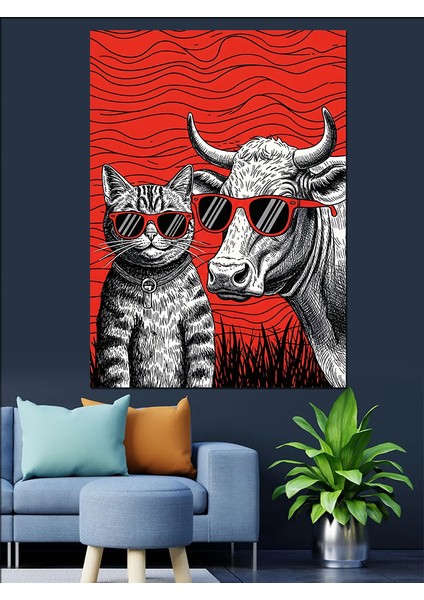 Kızgın Boğa ve Kedi Kırmızı Sanat Dekoratif Kanvas - Mdf Ahşap Tablo modelleri