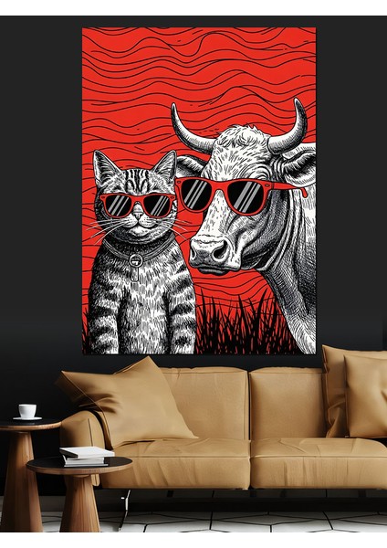 Kızgın Boğa ve Kedi Kırmızı Sanat Dekoratif Kanvas - Mdf Ahşap Tablo fırsatları