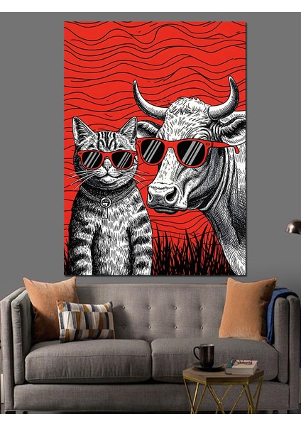 Kızgın Boğa ve Kedi Kırmızı Sanat Dekoratif Kanvas - Mdf Ahşap Tablo indirimleri