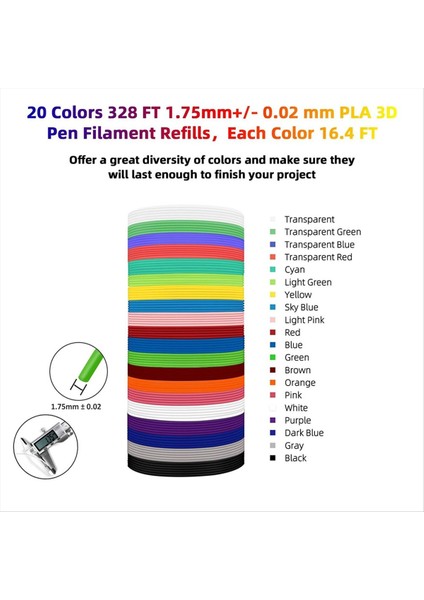 20 Tolas Pla 3 D Pen Filament Dolgunlukları 1 75MM 3 D Pen Filament Her Renk 16 4ft Toplam 328FT Uyumlu Mynt3 D 3 Dp Ens (Yurt Dışından) fiyatları