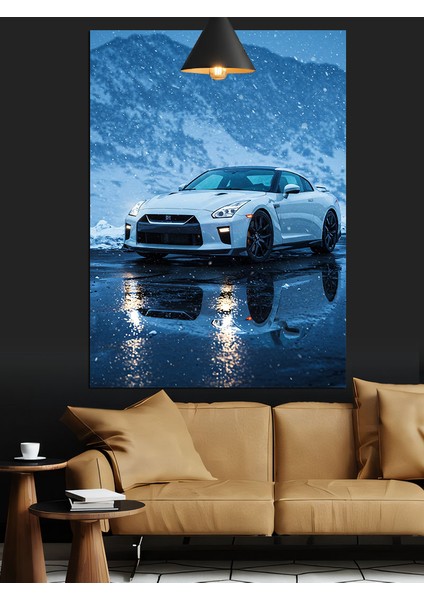 Beyaz Araba Islak Yol Mavi Dağlar Dekoratif Kanvas - Mdf Ahşap Tablo
