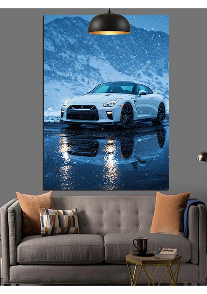 Beyaz Araba Islak Yol Mavi Dağlar Dekoratif Kanvas - Mdf Ahşap Tablo fırsatları