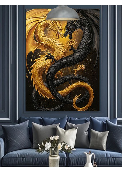 Dore ve Siyah Ejderhalar Dekoratif Kanvas - Mdf Ahşap Tablo