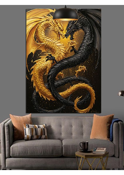 Dore ve Siyah Ejderhalar Dekoratif Kanvas - Mdf Ahşap Tablo fiyatları