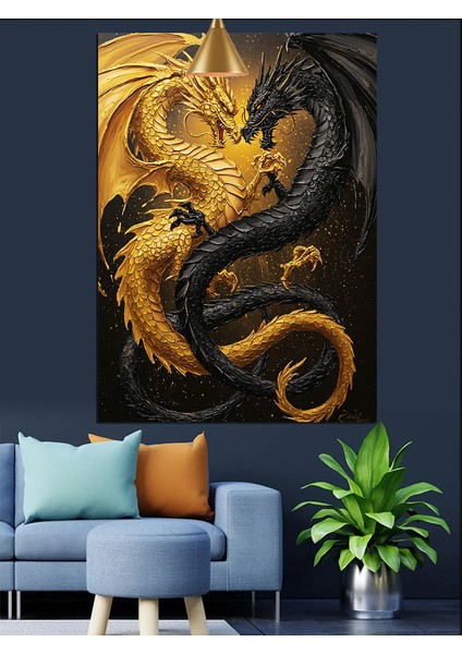 Dore ve Siyah Ejderhalar Dekoratif Kanvas - Mdf Ahşap Tablo modelleri