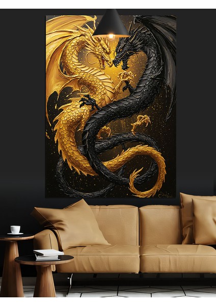 Dore ve Siyah Ejderhalar Dekoratif Kanvas - Mdf Ahşap Tablo fırsatları
