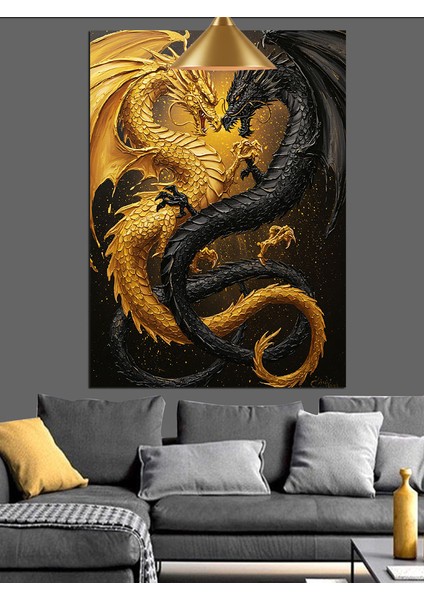 Dore ve Siyah Ejderhalar Dekoratif Kanvas - Mdf Ahşap Tablo indirimleri
