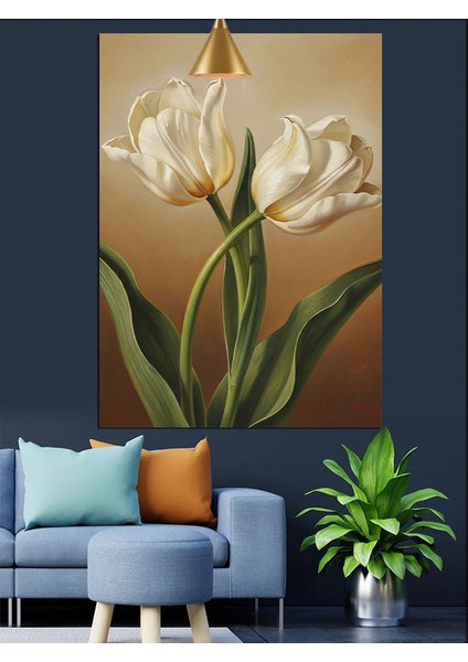 Iki Uzun Beyaz Lale Dekoratif Kanvas - Mdf Ahşap Tablo