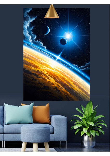 Dünya Gece Mavi Işık Uzay Dekoratif Kanvas - Mdf Ahşap Tablo fırsatları