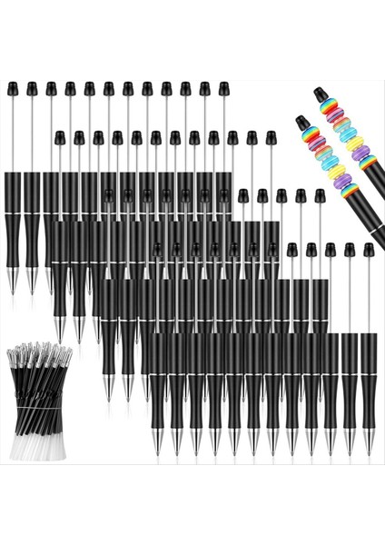 50PCS Plastik Boncuklu Kalem Dökme Boncuk Tükenmez Kalem Şaft Siyah Mürekkep Boncuklu Kalemler Dıy Yapmak Için 50 Dolum ile Siyahı Siyah (Yurt Dışından)