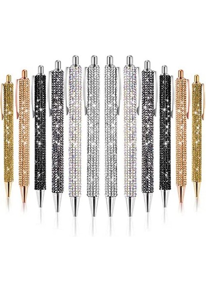 12 Pcs Bling Kalem Dökme Metal Beyaz Kalem Kalem Kristal Pres Geri Çekilebilir Siyah Mürekkep 0 7mm Beyin Pen 6 Renk (Yurt Dışından)