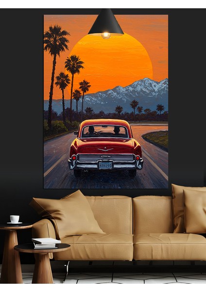 Gün Batımı Palmiyeli Yol Kırmızı Araba Dekoratif Kanvas - Mdf Ahşap Tablo