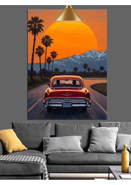Gün Batımı Palmiyeli Yol Kırmızı Araba Dekoratif Kanvas - Mdf Ahşap Tablo fiyatları