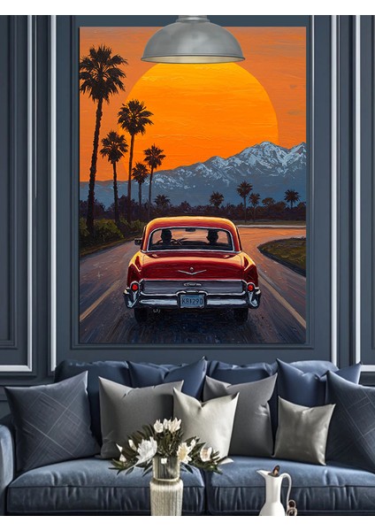 Gün Batımı Palmiyeli Yol Kırmızı Araba Dekoratif Kanvas - Mdf Ahşap Tablo modelleri