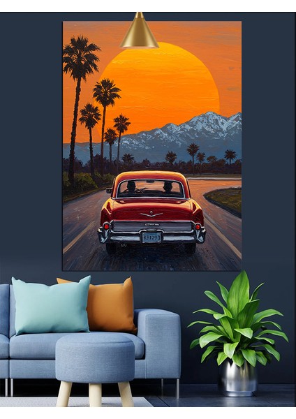 Gün Batımı Palmiyeli Yol Kırmızı Araba Dekoratif Kanvas - Mdf Ahşap Tablo indirimleri