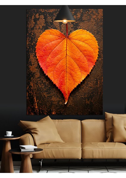 Turuncu Güneş Yaprak Kalp Dekoratif Kanvas - Mdf Ahşap Tablo