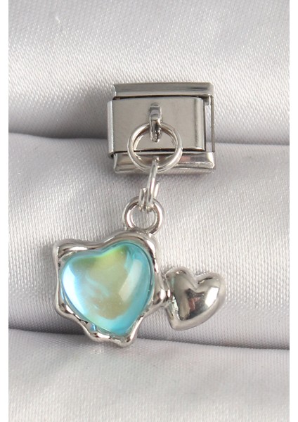 316L Çelik Gümüş Renk Mavi Mineli Kalp Model Nomination Charm