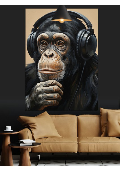 Şempanze Kulaklık Müzik Dinliyor Dekoratif Kanvas - Mdf Ahşap Tablo fırsatları
