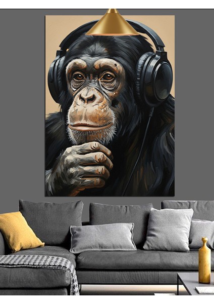 Şempanze Kulaklık Müzik Dinliyor Dekoratif Kanvas - Mdf Ahşap Tablo indirimleri