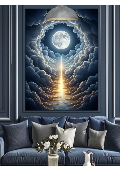 Ay Deniz Feneri Işığı Gece Dekoratif Kanvas - Mdf Ahşap Tablo