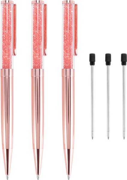 Gül Altın Kalem Bling Kristal Top Noktası Kalem 3 Ekstra Doldurma ile Siyah Mürekkep Kalemi (Gül Altın 3 Paket) (Yurt Dışından)