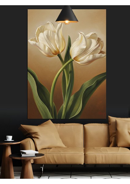 Iki Uzun Beyaz Lale Dekoratif Kanvas - Mdf Ahşap Tablo fiyatları
