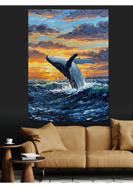 Denizden Çıkan Balina Gün Batımı Dekoratif Kanvas - Mdf Ahşap Tablo