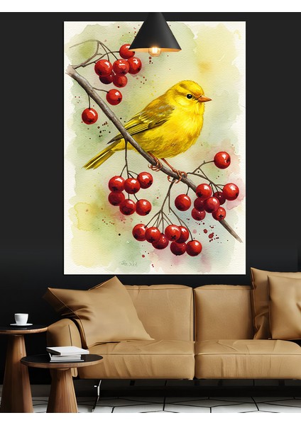 Kanarya Kuşu Sarı Kiraz Dalı Dekoratif Kanvas - Mdf Ahşap Tablo fiyatları