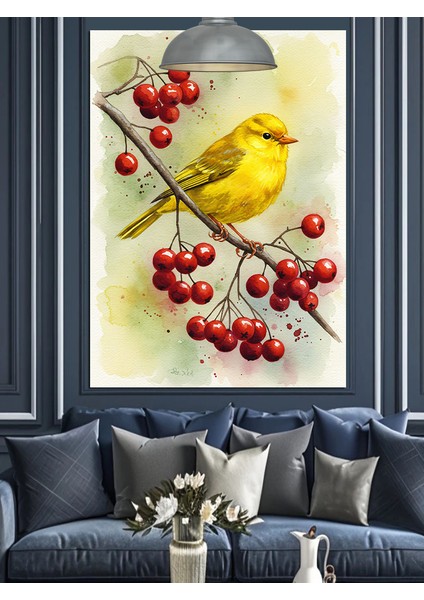 Kanarya Kuşu Sarı Kiraz Dalı Dekoratif Kanvas - Mdf Ahşap Tablo fırsatları