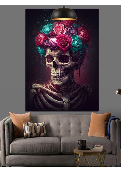 Mor Turkuaz Pembe Güller Başlıklı Iskelet Dekoratif Kanvas - Mdf Ahşap Tablo