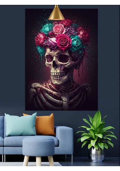 Mor Turkuaz Pembe Güller Başlıklı Iskelet Dekoratif Kanvas - Mdf Ahşap Tablo fiyatları