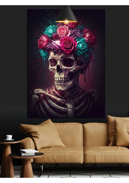 Mor Turkuaz Pembe Güller Başlıklı Iskelet Dekoratif Kanvas - Mdf Ahşap Tablo modelleri