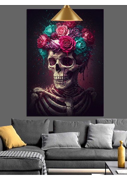 Mor Turkuaz Pembe Güller Başlıklı Iskelet Dekoratif Kanvas - Mdf Ahşap Tablo fırsatları