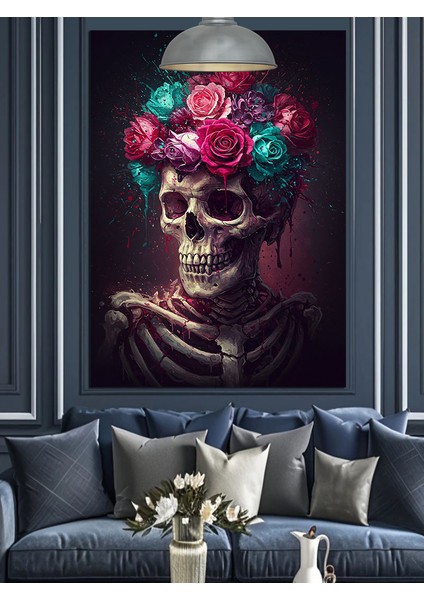 Mor Turkuaz Pembe Güller Başlıklı Iskelet Dekoratif Kanvas - Mdf Ahşap Tablo indirimleri