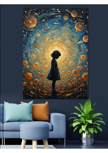 Yıldız Yağmuru Yalnız Çocuk Silüeti Dekoratif Kanvas - Mdf Ahşap Tablo