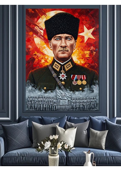 Askeri Üniformalı Atatürk Portresi Dekoratif Kanvas - Mdf Ahşap Tablo
