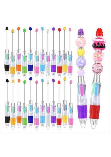 24PCS Çok Renkli Boncuklu Kalemler 4&#39 Ü 1 Arada Renkli Boncuklu Kalemler Geri Çekilebilir Tükenebilir Kalemler Dıy Yapım Kiti Ofis Için (Yurt Dışından)