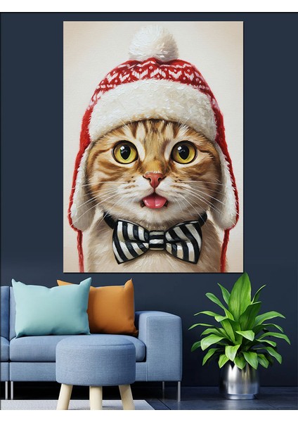Noel Şapkalı Komik Kedi Dekoratif Kanvas - Mdf Ahşap Tablo