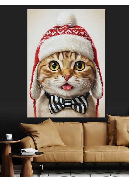 Noel Şapkalı Komik Kedi Dekoratif Kanvas - Mdf Ahşap Tablo fiyatları