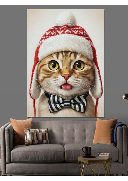 Noel Şapkalı Komik Kedi Dekoratif Kanvas - Mdf Ahşap Tablo modelleri