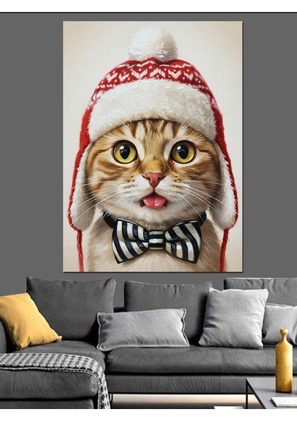 Noel Şapkalı Komik Kedi Dekoratif Kanvas - Mdf Ahşap Tablo fırsatları