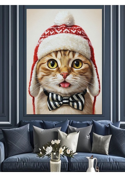 Noel Şapkalı Komik Kedi Dekoratif Kanvas - Mdf Ahşap Tablo indirimleri