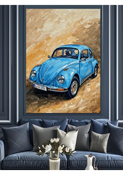 Vintage Mavi Spor Araba Dekoratif Kanvas - Mdf Ahşap Tablo