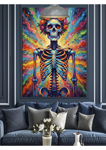 Çiçek Taçlı Iskelet Kuru Kafa Eğlenceli Renkli Dekoratif Kanvas - Mdf Ahşap Tablo