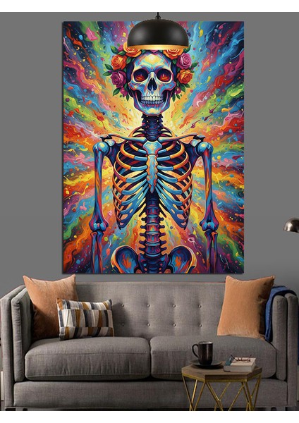 Çiçek Taçlı Iskelet Kuru Kafa Eğlenceli Renkli Dekoratif Kanvas - Mdf Ahşap Tablo fiyatları