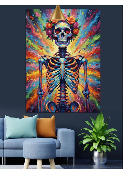 Çiçek Taçlı Iskelet Kuru Kafa Eğlenceli Renkli Dekoratif Kanvas - Mdf Ahşap Tablo modelleri