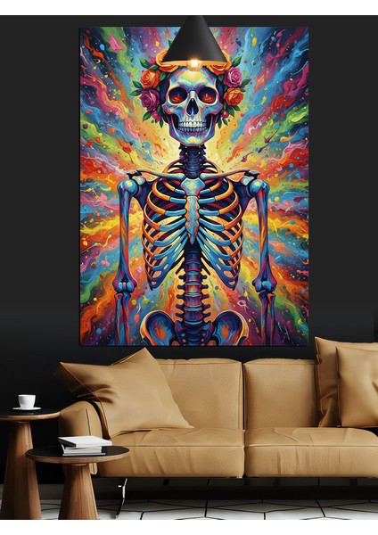 Çiçek Taçlı Iskelet Kuru Kafa Eğlenceli Renkli Dekoratif Kanvas - Mdf Ahşap Tablo fırsatları